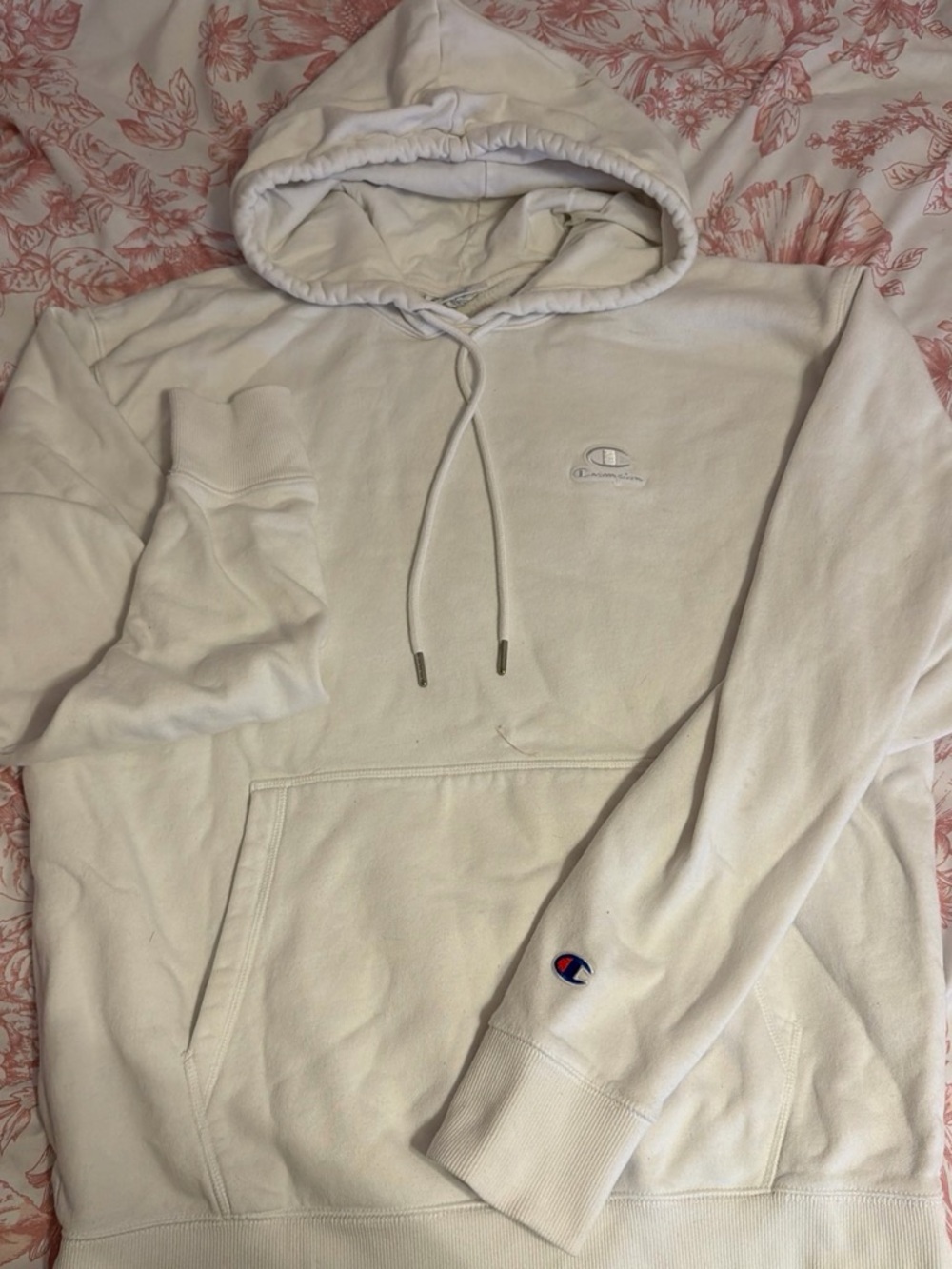 Champion Cream/White Hooded Sweatshirt with Small Logo